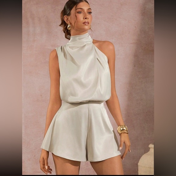 Pants - Elegant Albaricoque‎ Satin jumpsuit with asymmetrical mock neck and draped front